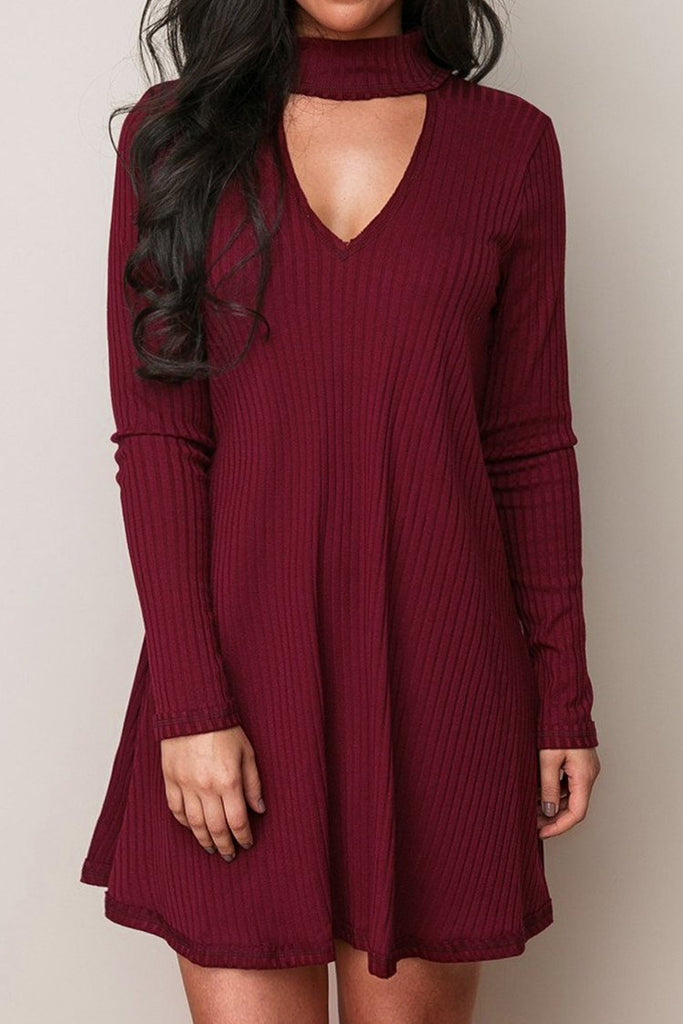 Ribbed Burgundy Mock Neck Cutout Dress