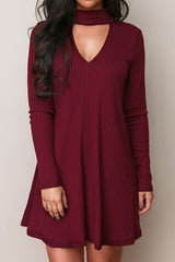 Ribbed Burgundy Mock Neck Cutout Dress